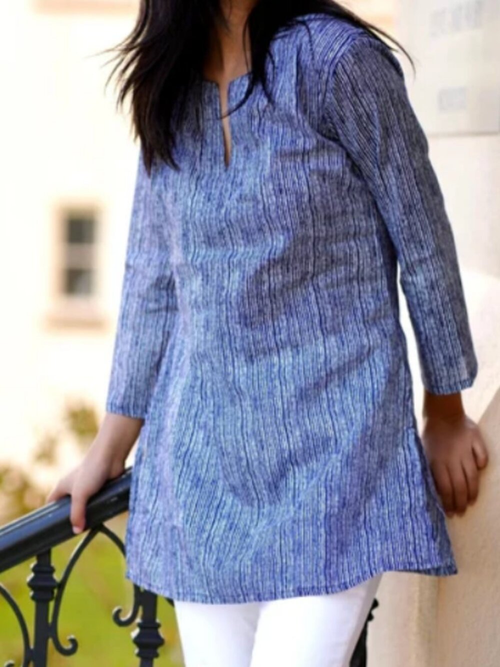 Dolma Millie Cotton Stripe Kurta Tunic Top Navy White L